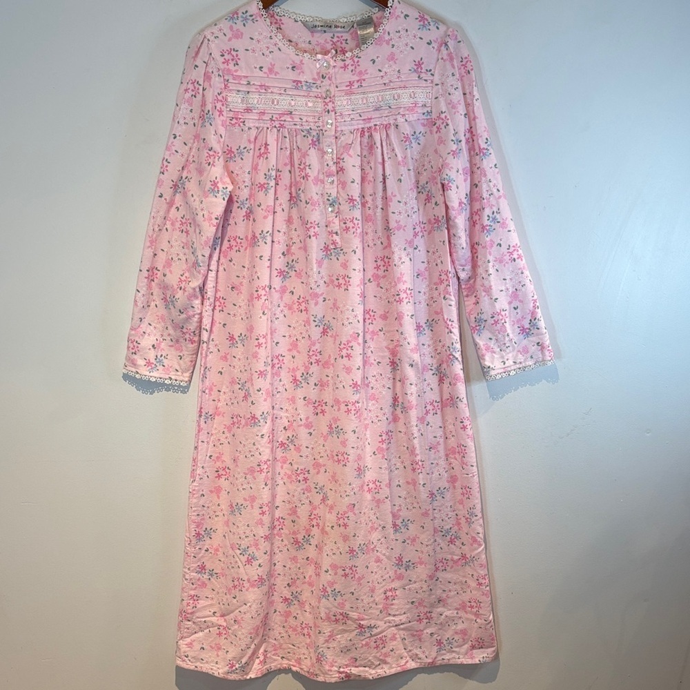 JASMINE ROSE Pink Cotton Flannel Nightgown Ribbon & Lace trim small NWOT